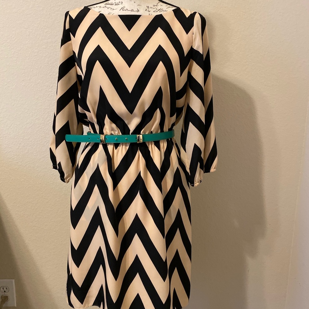 Herringbone almost mini dress with green belt